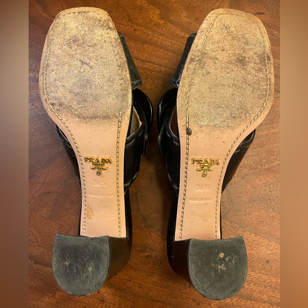Prada Black Leather Slide Heeled Mules with Oversized Buckle - Picture 8 of 9